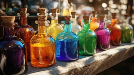 Enchanting Magic Potions in Vibrant Glass Bottles for Whimsical Tales
