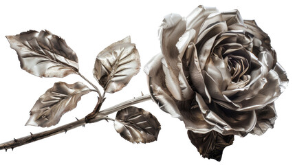 Silver rose blooming with metallic leaves on transparent background