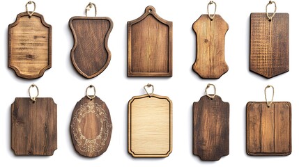 Rustic wooden signs, various shapes, blank, white background, craft design. Generative ai