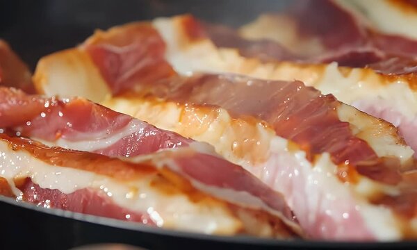 Close-up of sizzling bacon frying in a pan, with glistening fat and rich textures. Perfect for food, cooking, breakfast, and culinary themes.