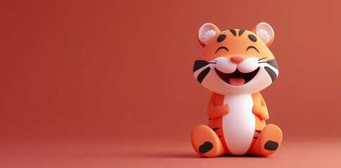 Fototapeta premium Cute cartoon tiger character smiling on red background