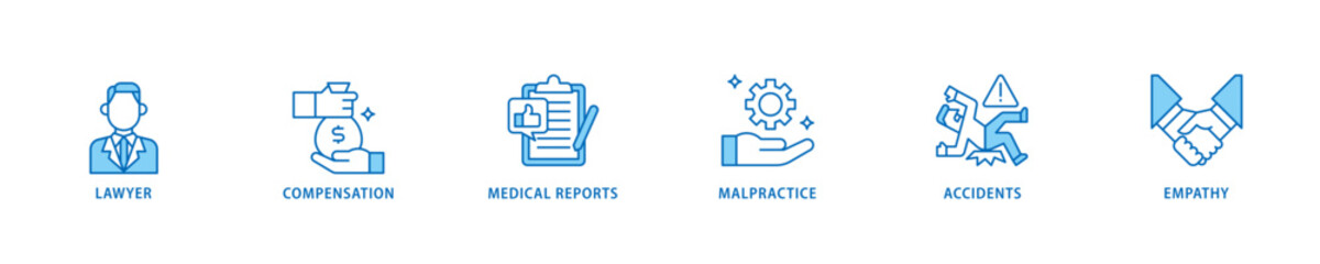 Fototapeta premium Personal injury law icon set flow process which consists of malpractice, empathy, accidents, medical reports, compensation, lawyer icon live stroke and easy to edit .