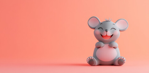 Cute 3D cartoon mouse smiling on pink background