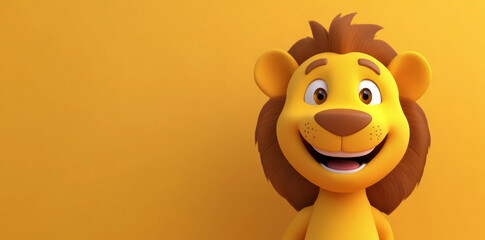 Fototapeta premium Cute cartoon lion character smiling on yellow background