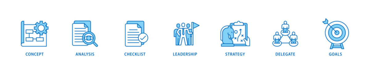 Planning icon set flow process which consists of concept, analysis, checklist, leadership, strategy, delegate and goals icon live stroke and easy to edit .