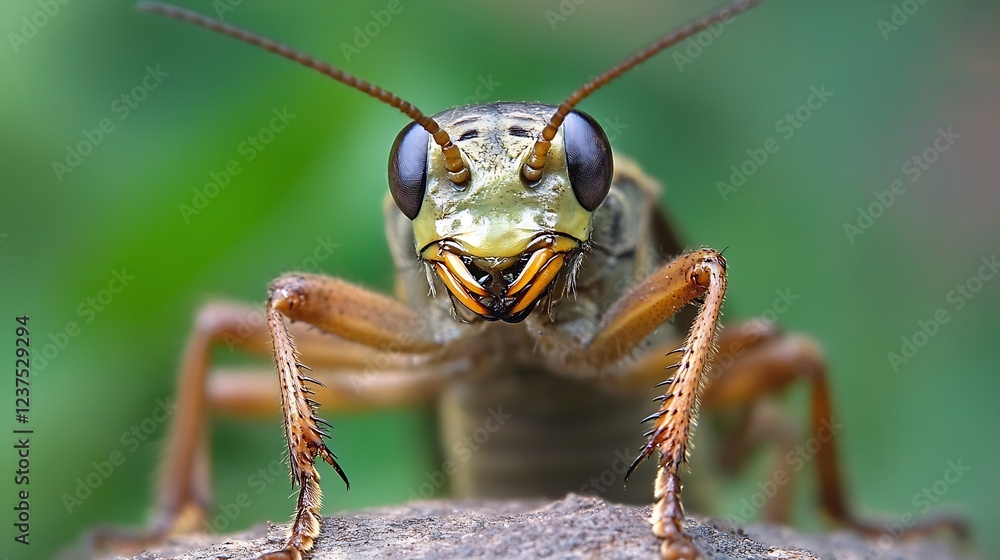 Poster detailed close up portrait of green insect on rock showing facial features : generative ai
