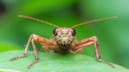 Fototapeta premium Detailed Closeup of Grasshopper with Red Eyes on Green Leaf in Natural Habitat : Generative AI