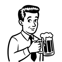 Man holding a beer mug smiles cheerfully in a casual setting during a gathering with friends