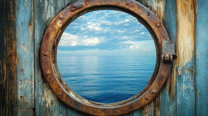 Obraz premium Weathered Porthole Window Overlooking Ocean and Blue Sky on Rustic Wooden Background - Nautical Concept