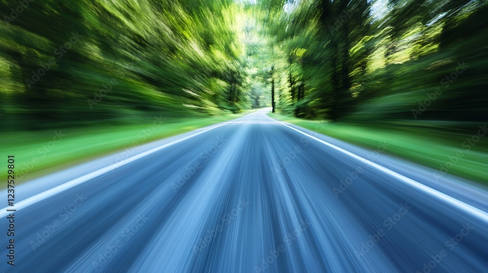 Poster Dynamic Motion Blur of a Road Through Lush Green Forest in Daylight : Generative AI