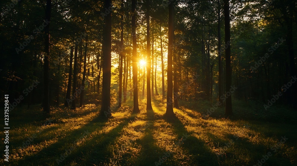 Poster Sunlight streaming through forest trees creating serene and peaceful nature scene : Generative AI