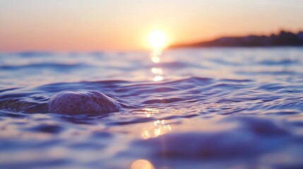 Tranquil Ocean Sunset with Gentle Waves Captured During Golden Hour : Generative AI