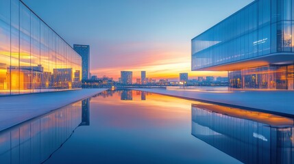Fototapeta premium A stunning urban sunset reflects off modern glass buildings and a serene water surface, creating a tranquil and picturesque scene.