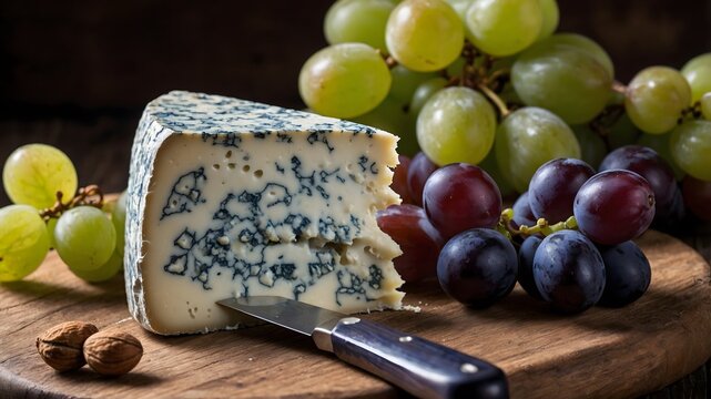 Wedge of Blue Cheese with Grapes, Nuts, and Cheese Knife on Rustic Wooden Board