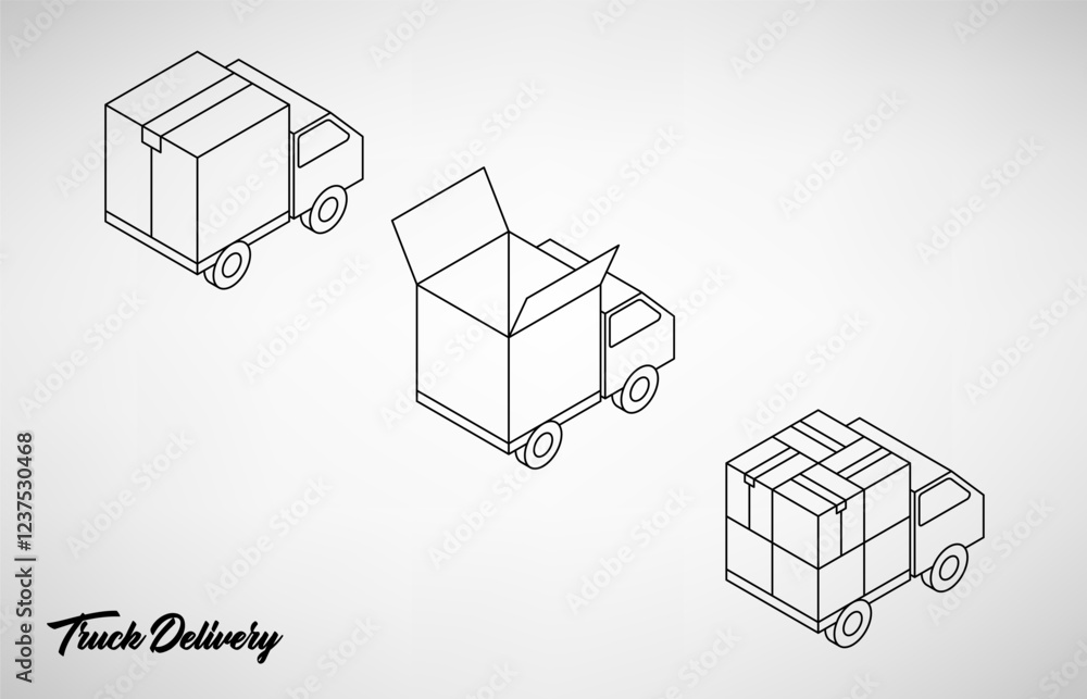 Poster vector design of three types of delivery truck with various boxes, open box and closed box