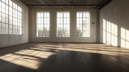 Fototapeta premium Spacious Industrial Loft with Large Windows and Warm Sunlight Highlighting Wooden Floors : Generative AI