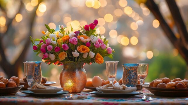 Traditional Haft-Seen Table with Spring Flowers, Celebrating Nowruz and Renewal