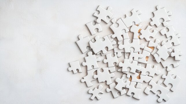 White puzzle pieces scattered on a table. Problem solving concept