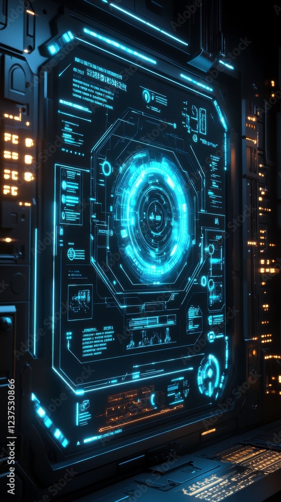 Poster a futuristic digital interface displaying glowing blue graphics and data, set against a dark, high-t