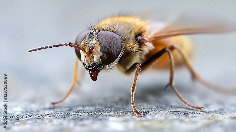 Poster close up macro photography of a light brown bee with striking compound eyes and delicate wings : gen