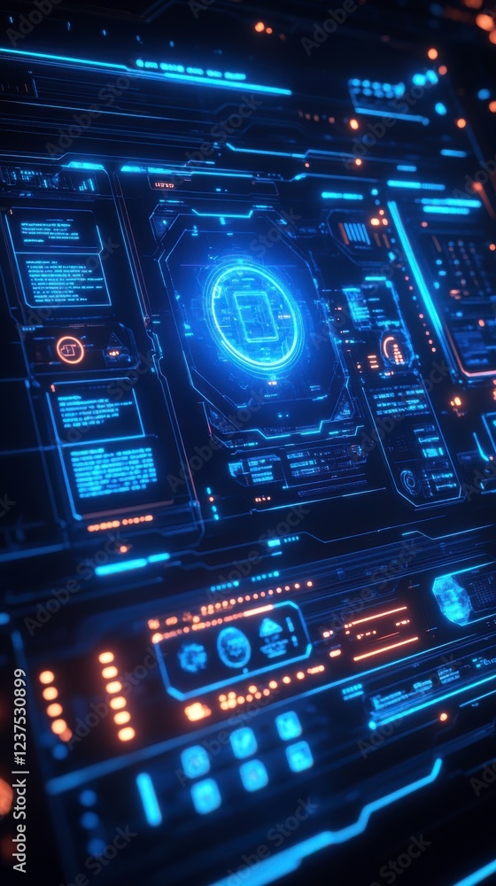 Poster a high-tech, futuristic interface with glowing blue and orange elements, displaying data and digital