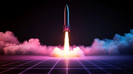 Fototapeta premium Rocket launch, night sky, neon grid, futuristic concept, startup