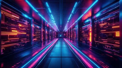 A futuristic corridor illuminated with vibrant pink and blue lights, resembling advanced technology and data storage systems.