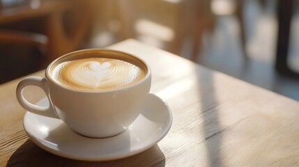 Obraz premium Sunlit Cafe Table with HeartPour Latte in White Cup and Soft Natural Light : Generative AI