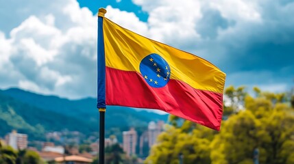 Venezuelan National Flag Flying Against a Scenic Cloudy Sky Backdrop : Generative AI