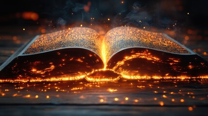 A large open book with the pages glowing like golden light, filled entirely and seamlessly with tiny words that form an endless pattern of text on each page.