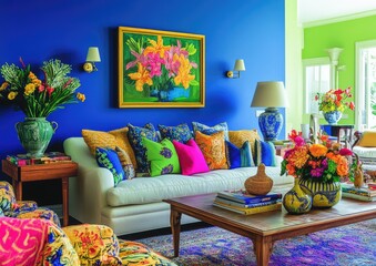 A vibrant living room with blue walls, green and yellow accents, plush sofas, patterned wallpaper