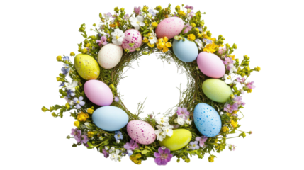 Easter wreath made of painted eggs and spring flowers on transparent background
