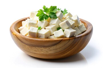 Delectable Feta Cheese in Wooden Bowl on Pristine White Background