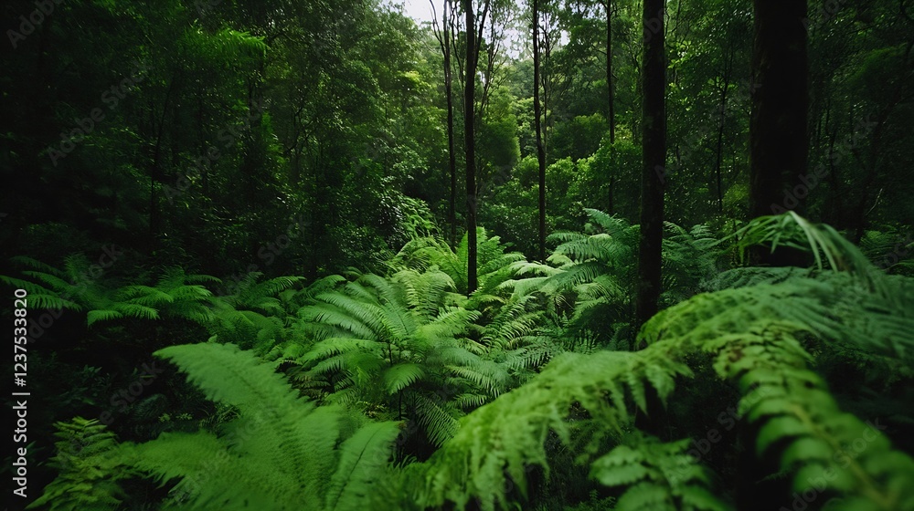 Poster Lush green rainforest with dense foliage and towering trees in tranquil natural setting : Generative AI