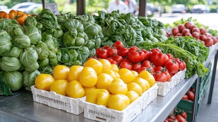 Farmers market produce display tomatoes, lettuce, and greens