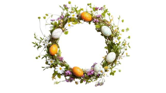 Easter wreath with colorful eggs and spring flowers on transparent background