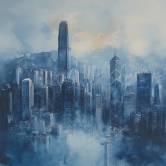 Serene Skyline of a Modern City Bathed in Blue Hues and Mist with Iconic Skyscrapers Rising Above the Urban Landscape at Dusk