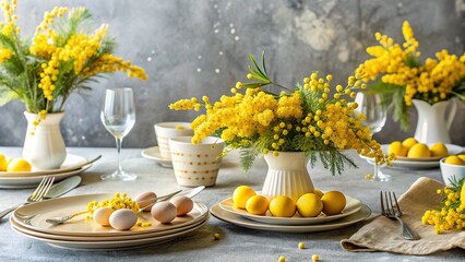 Festive Easter Table Setting with Mimosa Flowers in Macro Photography