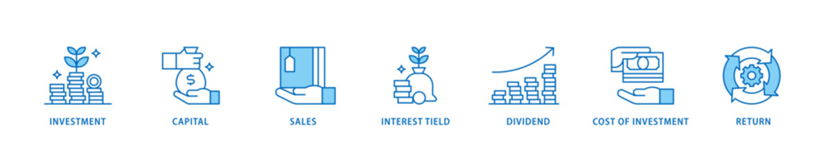 Roi icon set flow process which consists of return, interest tield, cost of investment, dividend, sales, capital, investment icon live stroke and easy to edit .