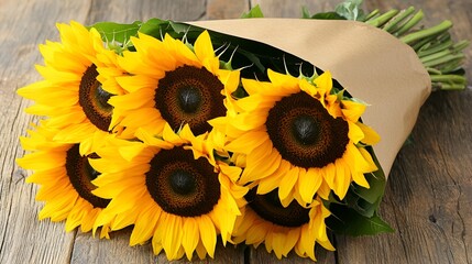 Sunflowers bouquet, rustic wood background, gift, floral arrangement, nature