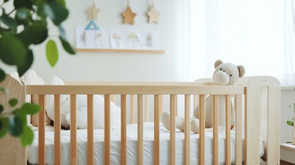 Cozy Nursery Room with Wooden Crib and Soft Teddy Bear for Baby Comfort and Safety : Generative AI