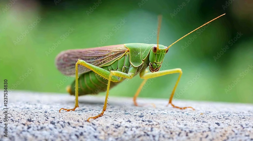 Poster grasshopper on rocky surface amidst greenery capturing natural habitat : generative ai