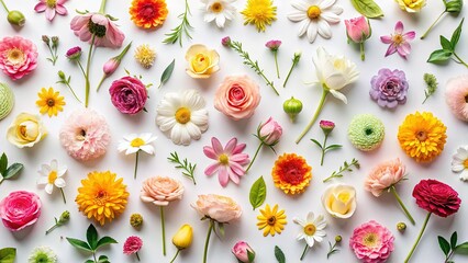 Intricate Floral Pattern of Assorted Flowers Against a White Canvas, Captured from Above
