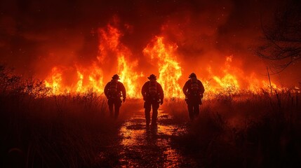 Fototapeta premium Firefighters Bravely Confronting a Wildfire at Night