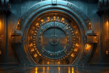 A large, futuristic vault door illuminated by warm lights, set in a metallic environment, suggesting security and secrecy.