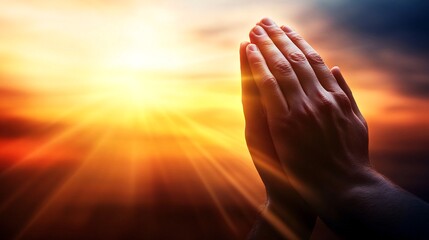 Sunset prayer, hope, faith, spirituality peaceful sky. Generative ai