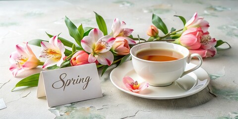 Serenity with Spring Vibes: Alstroemeria, Tea, and a Card Amidst a Bright Background