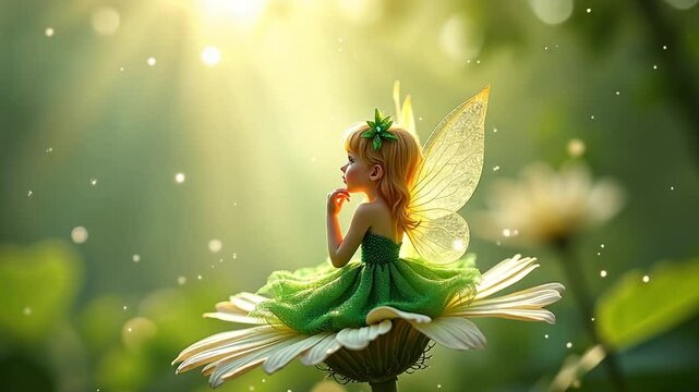 A fairy in emerald dress gazes thoughtfully at the horizon.