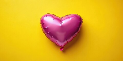 Fototapeta premium Vibrant Flat Lay of a Pink Metallic Heart Balloon on Yellow Background