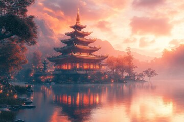 Obraz premium Pagoda sunset lake mountain serenity, travel poster